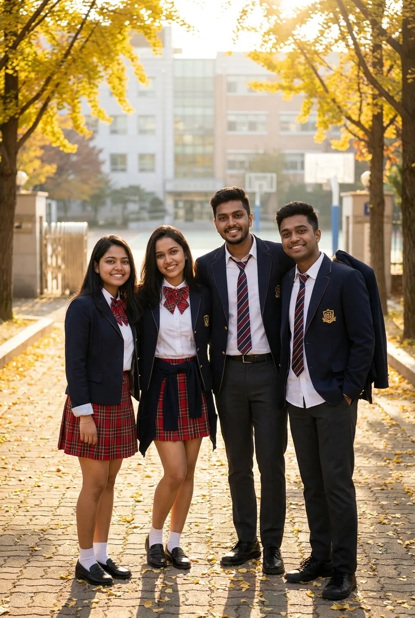 Korean photo studio effect, group in K-drama school uniforms under gingko trees