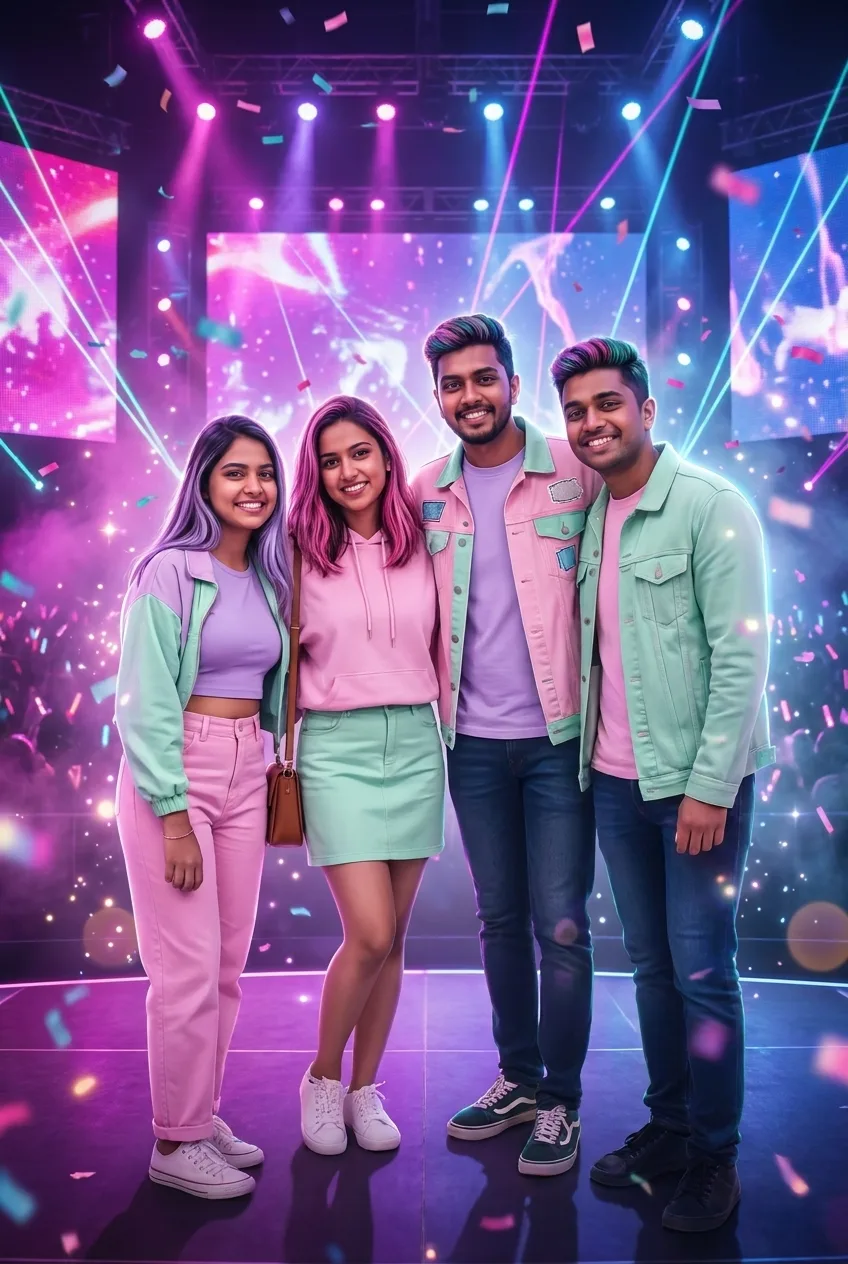 K-pop photo booth effect, group transformed into K-pop idols with pastel stage styling