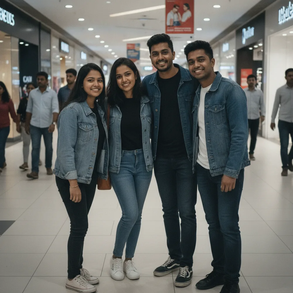 Ordinary group photo in a mall before Korean photo booth AI transformation