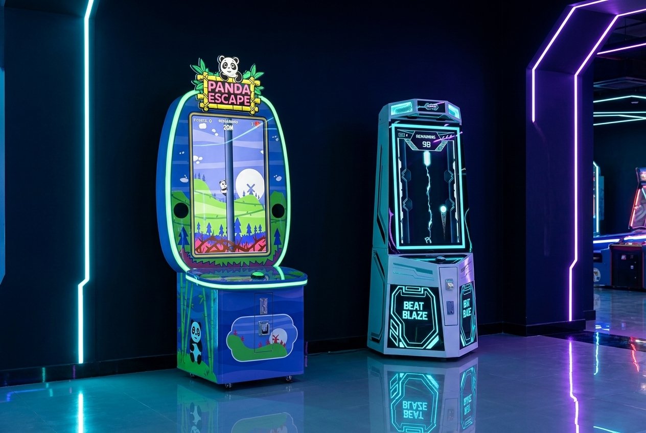 Bamigos ticket redemption games. Panda Escape and Beat Blaze cabinets in a family entertainment centre
