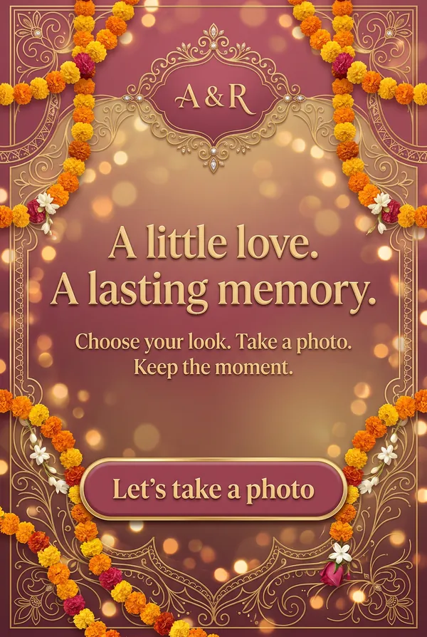 Welcome screen concept: A & R. A little love. A lasting memory. Choose your look. Take a photo. Keep the moment.