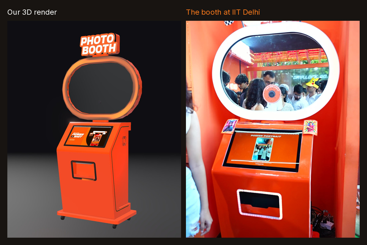 Left, a 3D render of an orange Pikcha photo booth with a Photo Booth sign; right, the real wrapped booth at the Ambrane stall at IIT Delhi