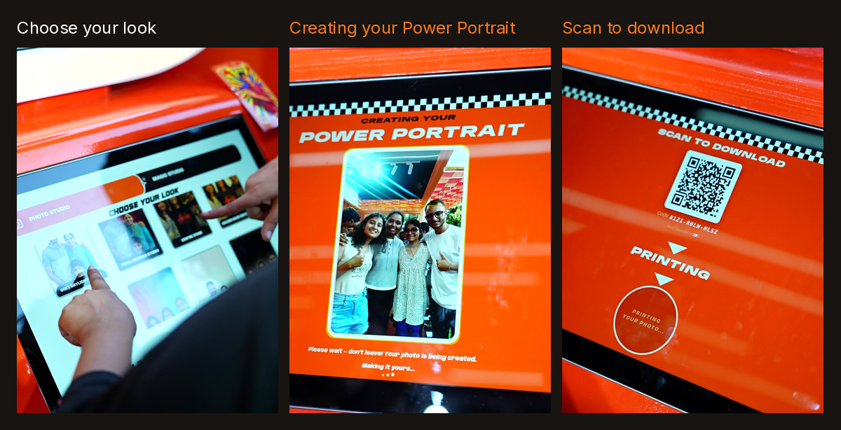 Three Pikcha booth screens in Ambrane orange: choose your look, creating your Power Portrait, and scan to download while printing