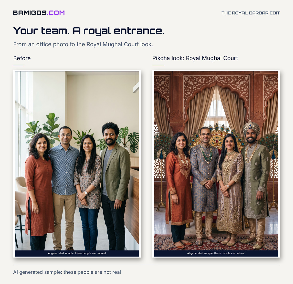 An office team photo next to the same team in the Pikcha Royal Mughal Court look