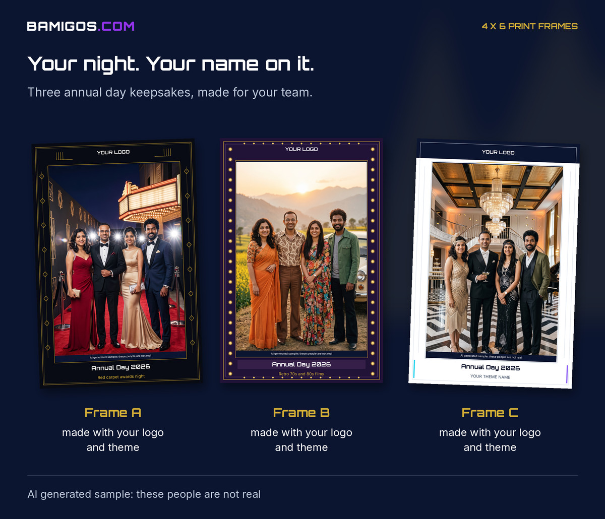 Three annual day print frame designs with space for a company logo and theme name: black and gold, Bollywood marquee lights, white and navy