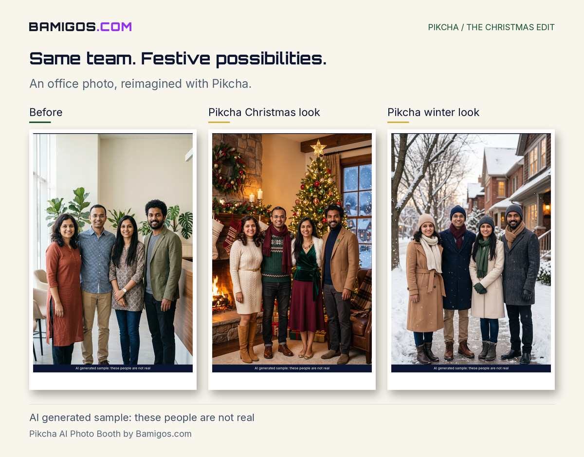 An office team photo next to the same team in the Pikcha Christmas Wonderland look and a winter look, AI generated sample