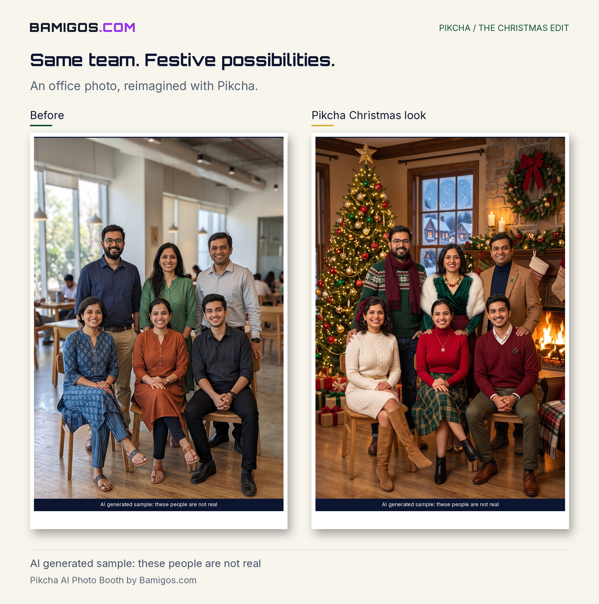 A six person office team photo next to the same team in the Pikcha Christmas Wonderland look, AI generated sample