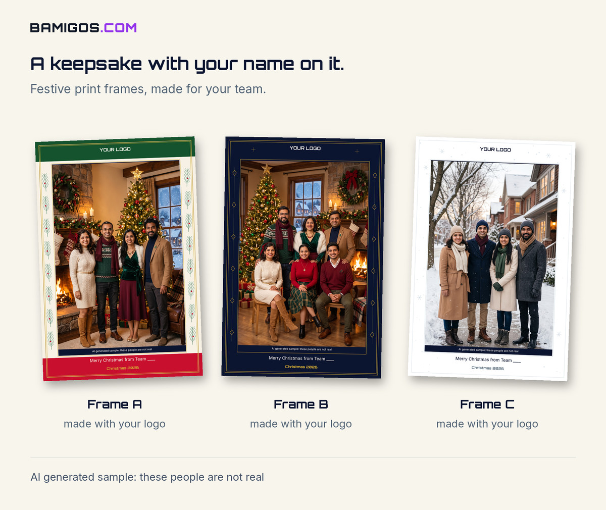Three Christmas print frame designs with a company logo space: red and green, navy and gold, and white with snow