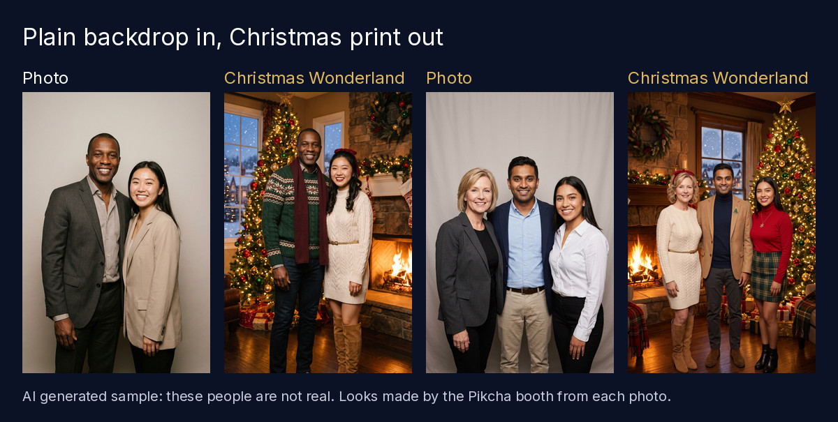 Two photos taken in front of a plain backdrop next to the same people in the Pikcha Christmas Wonderland look beside a tree and fireplace, AI generated sample