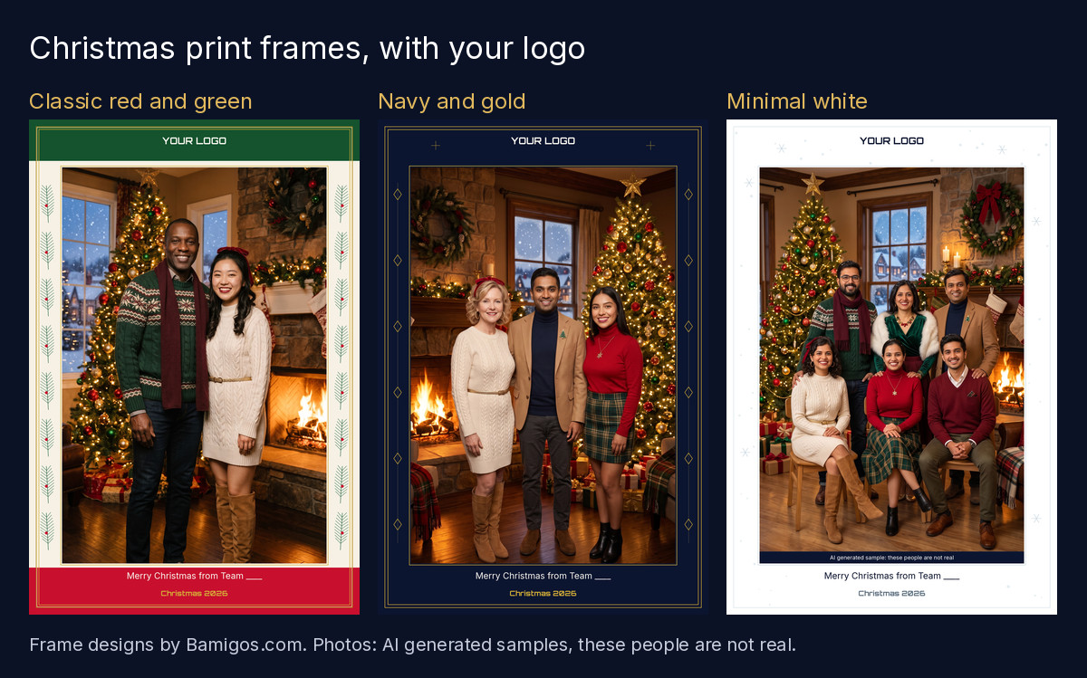 Three Christmas print frame designs, red and green, navy and gold, and white with snow, each around a festive photo with a logo space