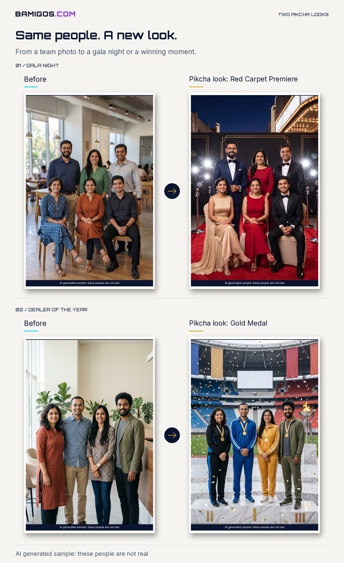 Two office teams shown before and after Pikcha AI looks: a red carpet gala night and gold medal winners