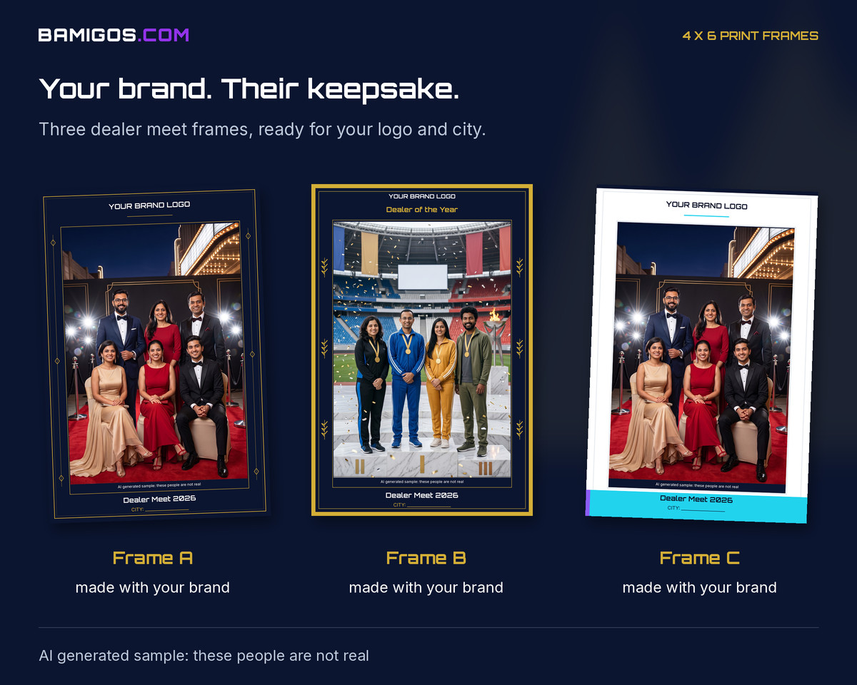 Three dealer meet print frame designs with space for a brand logo and city: navy and gold, Dealer of the Year, and white with a brand colour band