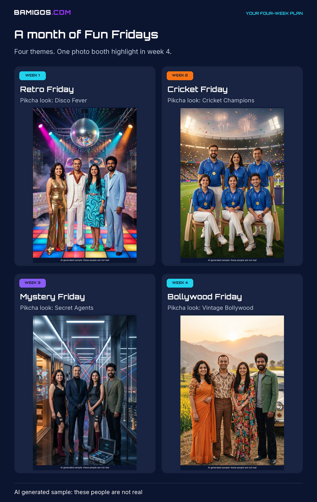 Four weeks of Fun Friday themes with matching AI photo looks: Disco Fever, Cricket Champions, Secret Agents and Vintage Bollywood