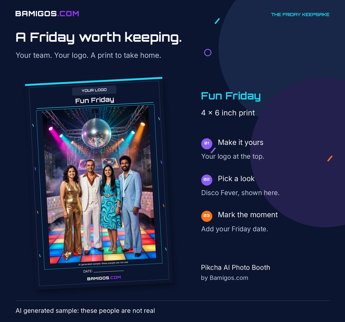 A Fun Friday 4x6 print of four colleagues in a disco look, with a logo placeholder, theme name and date line