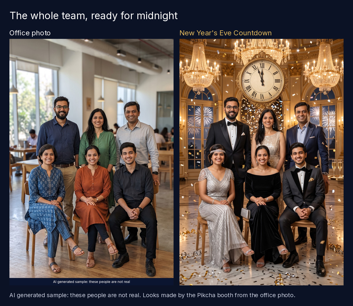 A six person office team photo next to the same team in the Pikcha New Year's Eve Countdown look, AI generated sample