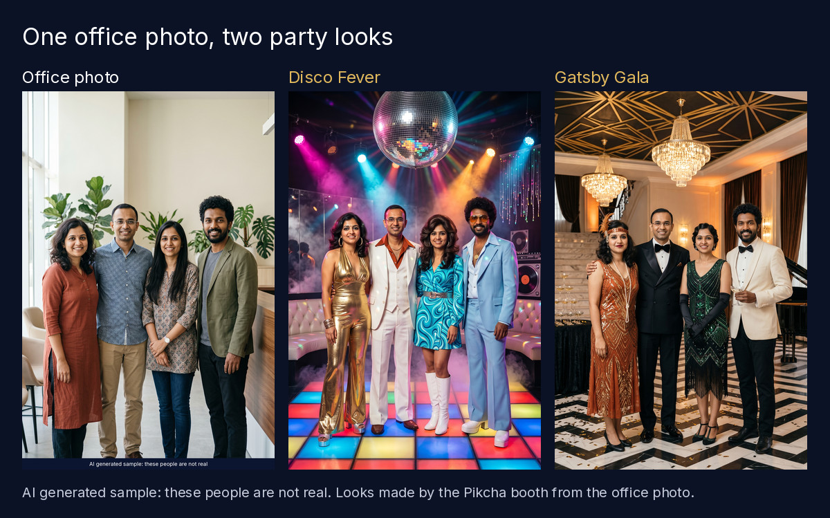 A four person office team photo next to the same team in the Disco Fever and Gatsby Gala looks, AI generated sample