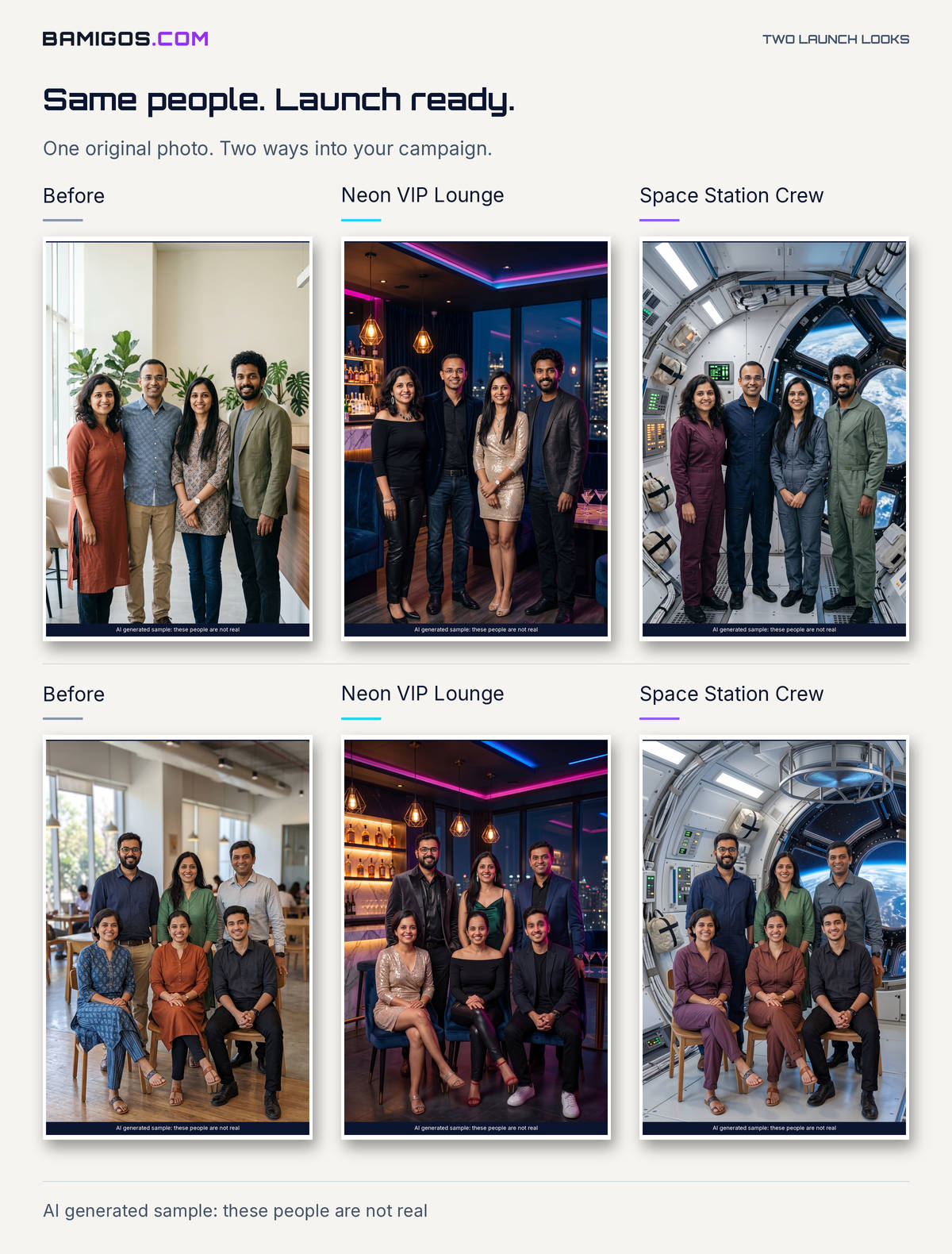 Two office teams shown before and after two Pikcha AI looks: Neon VIP Lounge and Space Station Crew