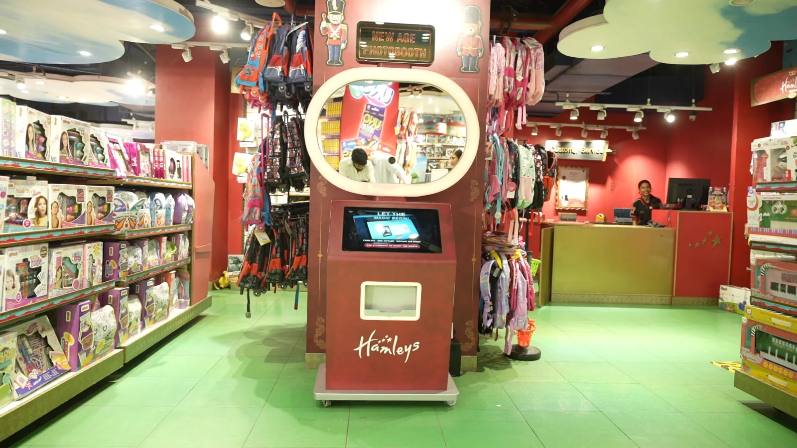The red Hamleys Pikcha booth in the toy store