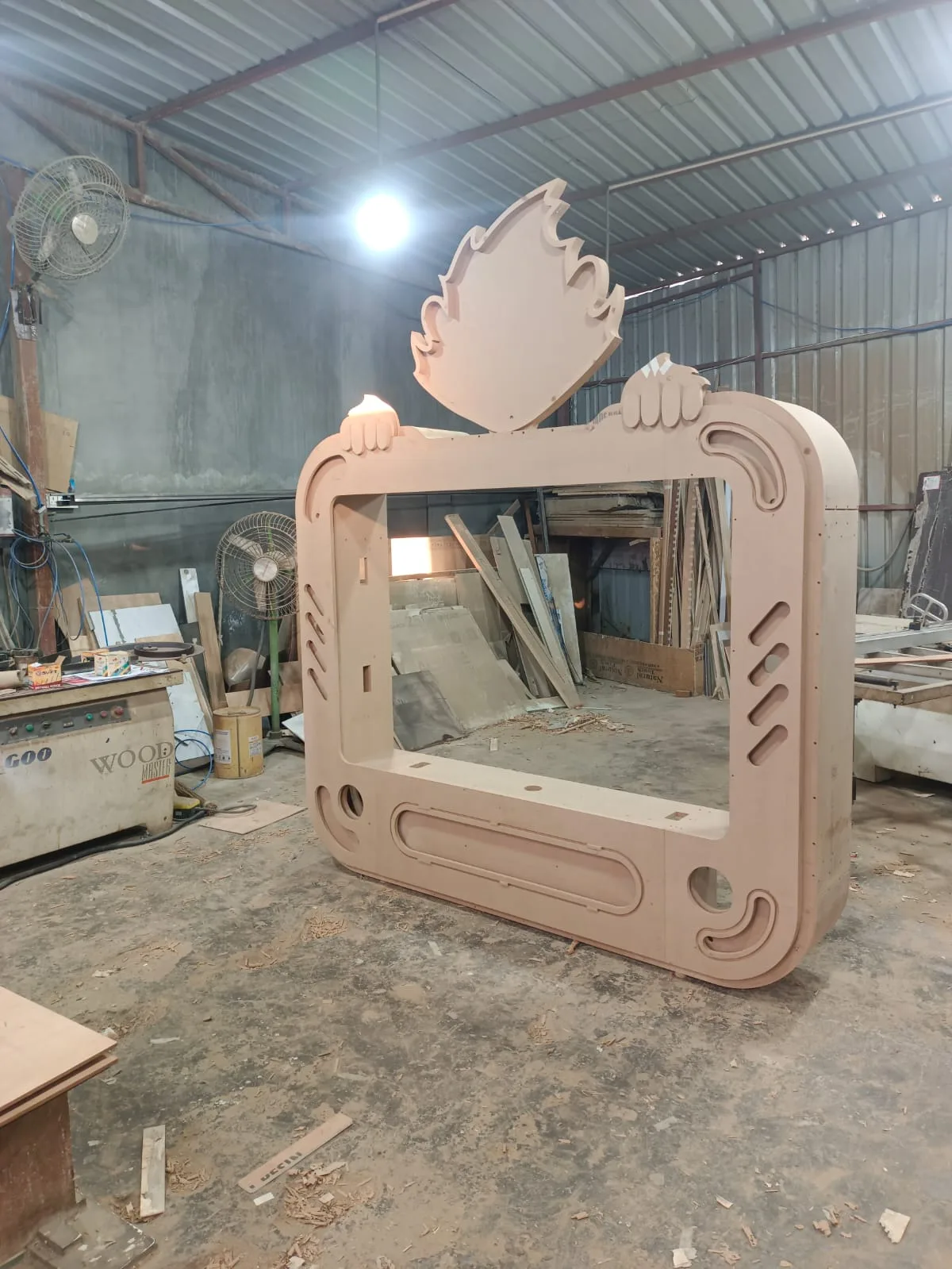 The cabinet frame being cut
