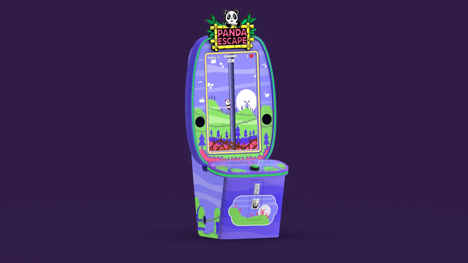 Front render of Panda Escape cabinet on dark purple