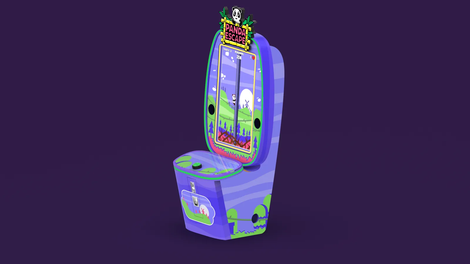 Angled render of Panda Escape cabinet on dark purple