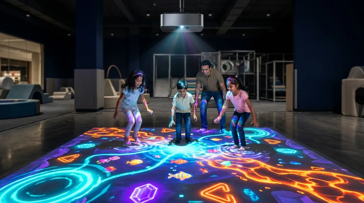 Kids playing on glowing neon floor projection in dark hall