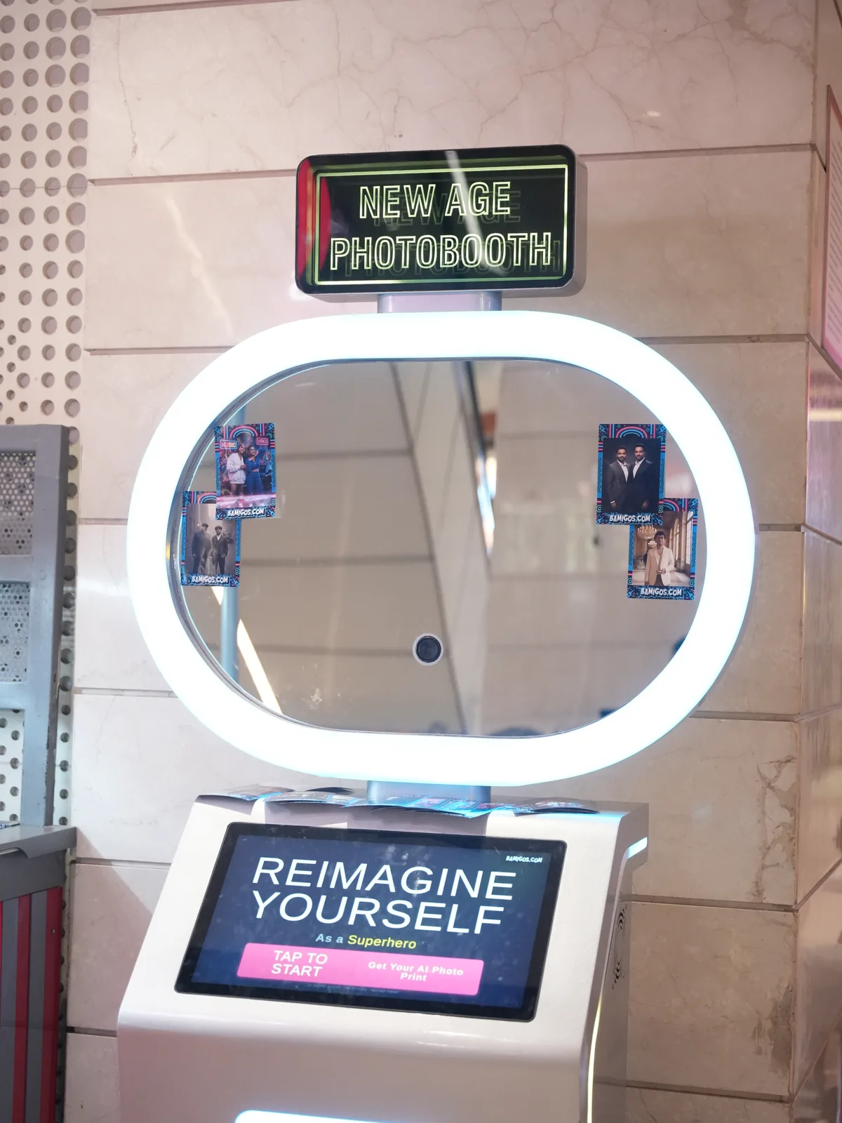 Pikcha photo booth with ring mirror and Reimagine Yourself touchscreen at a food court in Delhi